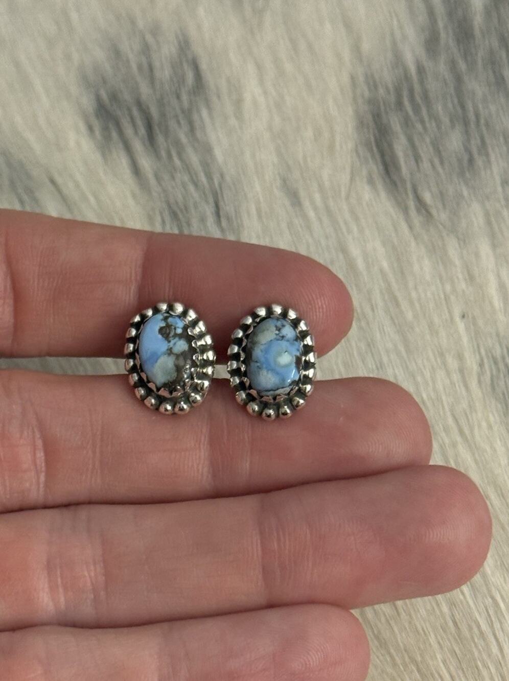Sterling Silver Blue Golden Hills Turquoise Oval Braided Post Studs Earrings 925